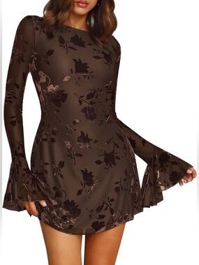 Brown Floral Velvet Burnout Long-Sleeve Mini Dress